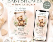 Teddy Bear Invite Canva Template, Woodland Shower Floral Invitation, Neutral Sprinkle, Water Color Baby Digital Shower Printable Event