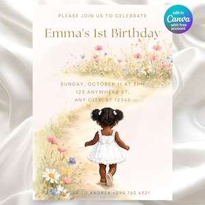 Wildflower First Birthday Invitation Girl | Brown Skin Floral Invite | Editable Canva Template | Little Wildflower | Printable RSVP Set
