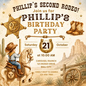 Peut inclure: Invitation aquarelle pour la deuxième fête de rodéo d'anniversaire de Phillip. Avec un cow-boy sur un cheval de manège, un insigne de shérif, des bottes de cow-boy, un fer à cheval et le texte : "Fête d'anniversaire de Phillip".