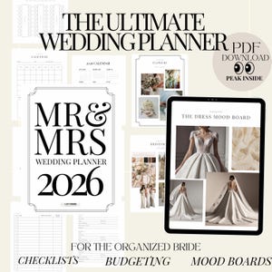 Może przedstawiać: Cyfrowy planer ślubny z tekstem "THE ULTIMATE WEDDING PLANNER" i "MR & MRS WEDDING PLANNER 2026". Planer zawiera listy kontrolne, narzędzia do budżetowania i moodboardy. Tablet wyświetla moodboard sukni.