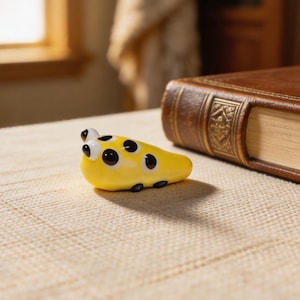 May include: A yellow ceramic ocarina with black spots and eyes, resting on a beige tablecloth next to a large, leather-bound book. The ocarina is a musical instrument, likely handmade.