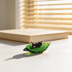 Puede incluir: Pequeña figura decorativa de vidrio de una hormiga negra sobre una hoja verde. La hormiga tiene un cuerpo brillante y redondeado. El fondo borroso muestra un libro y persianas.