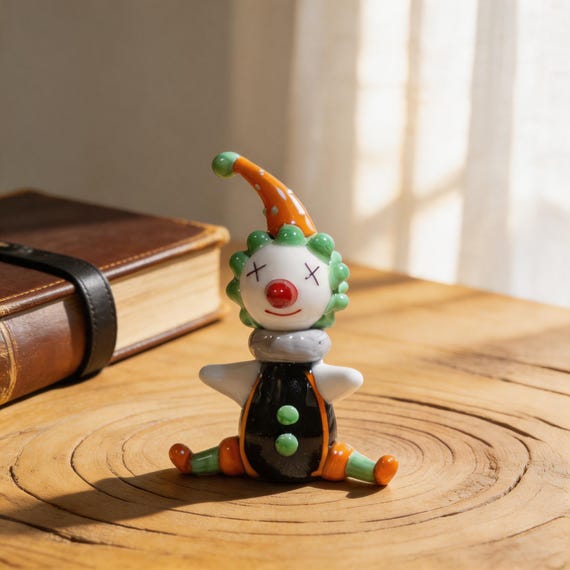 Lampwork glass clown figure made with a torch — clowncore aesthetic meets genuine flamework artisan skill, truly one-of-a-kind collectible.