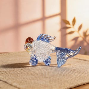May include: A clear glass goldfish figurine with blue and red accents. The fish has a detailed scale pattern, blue fins, and a red growth on its head. The figurine is displayed on a textured surface.