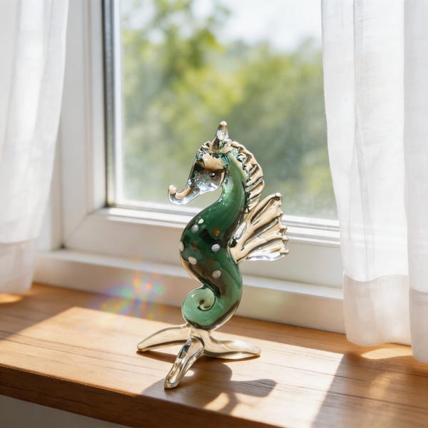 Glassjöhästfigur, grön sjöhästprydnad, kustnära hylldekor, present till havsälskare, fönsterbrädedekor, nautiska strandpresenter, heminredning