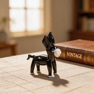 May include: A glossy black glass donkey figurine with white accents on its nose and feet. The donkey has large, upright ears and a small tail. The figurine is displayed on a textured surface, with a vintage book in the background.