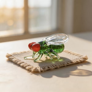May include: A glass fly ornament with red eyes and a green body, sitting on a small, tan, woven square. The fly's wings are clear, and the legs are transparent. The ornament is set against a blurred background.