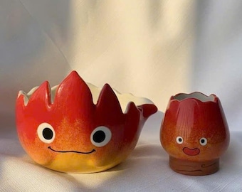 Bol à matcha Fire Spirit fait main - Chawan en céramique inspiré de Ghibli - Accessoire de thé fantaisiste