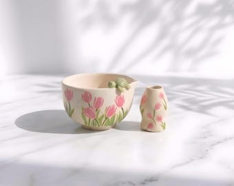 Juego de cuencos para matcha con forma de tulipán - Cuenco de té de cerámica hecho a mano con detalle de tortuga, estilo cottagecore estético, regalo acogedor y estético
