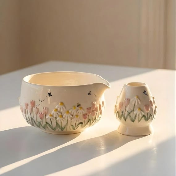 Handmade Floral Ceramic Matcha Bowl Set – Japanese Tea Ceremony Gift