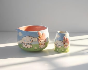 Cute Kawaii Ceramic Matcha Bowl Set - Pastel Bunny Puppy Tea Cup, Handmade Anime Inspired Gift