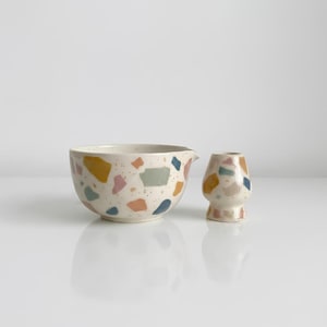 Handmade Terrazzo Matcha Bowl, Ceramic Chawan and Whisk Holder, Modern Tea Ceremony Set, Artisan Pottery