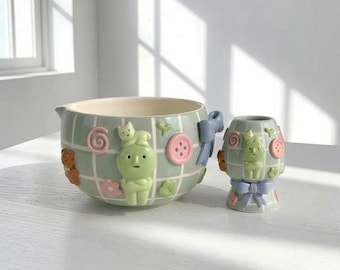 Handmade Green Character Matcha Set - Personalized Spouted Chawan Whisk Holder - Aesthetic Coquette Tea Kit - Cottagecore Gift