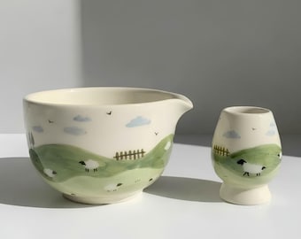 Cute Sheep Matcha Bowl Set, Pastoral Farm Landscape Tea Bowl, Handmade Ceramic Chawan with Whisk Holder, Cottagecore Matcha Gift