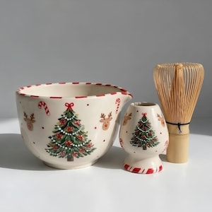 Handmade Christmas Matcha Bowl Set- Ceramic Chawan with Christmas Tree, Reindeer and Candy Cane Design, Matching Whisk Holder, Xmas Gift