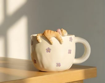 Handmade Ceramic Mug, Sleeping Cat Floral Pottery Cup, Stoneware Coffee Tea Mug