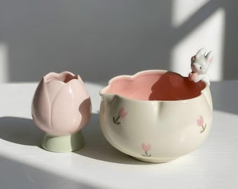Handmade Bunny Matcha Tea Set - Cute Rabbit Chawan, Ceramic Matcha Bowl with Tulip Whisk Holder, Kawaii Tea Lover Gift