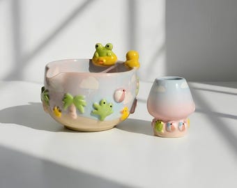 Frog Matcha Tea Set - Cute Duck Chawan, Handmade Ceramic Matcha Bowl, Japanese Matcha Gift, Kawaii Tea Ceremony Set