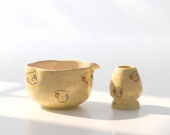 Yellow Cloud Bear Matcha Bowl Set, Handmade Ceramic Chawan Whisk Holder, Cute Kawaii Tea Set, Matcha Lover Gift