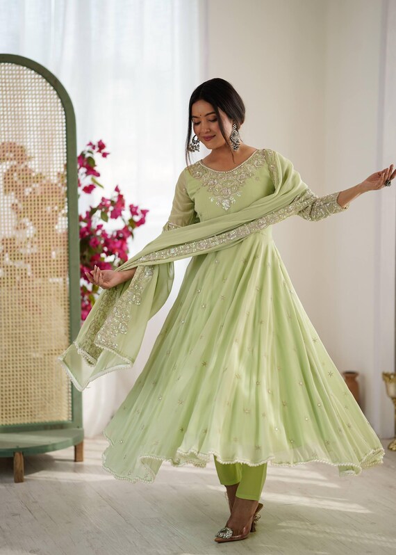 Elegant Pistachio Green Anarkali Gown Set With Dupatta