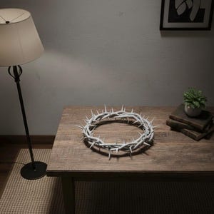 Op de afbeelding: Een grijze doornenkroon met scherpe, puntige doornen ligt op een houten tafel. Een lamp en een kleine plant in een pot staan ook op de tafel. Een ingelijst abstract kunstwerk hangt aan de muur.