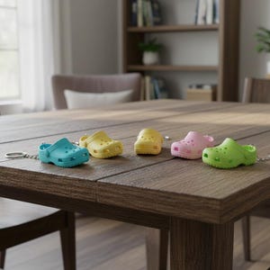 May include: Five miniature Crocs keychains in a row. The keychains are in various colors: teal, yellow, light yellow, pink, and green. The keychains are sitting on a wooden table.