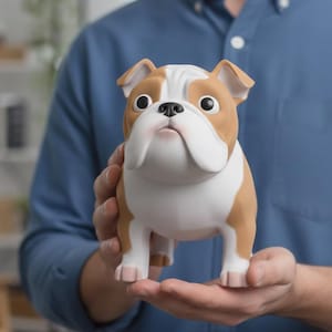 May include: A ceramic bulldog figurine in shades of brown, white, and tan. The bulldog has a distinctive face with a black nose and large, expressive eyes. The figurine is held in a person's hands, showcasing its detailed design and playful aesthetic.
