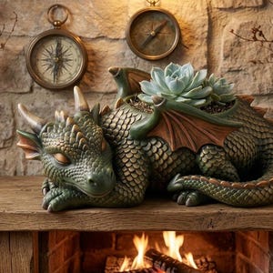 May include: A detailed, green dragon planter with a succulent plant. The dragon is resting on a wooden mantel in front of a brick wall. Two antique compasses hang above the mantel.