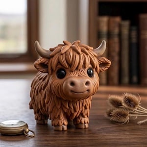 May include: A brown figurine of a Highland cow with large eyes and small horns. The cow has a shaggy coat and is standing on a wooden surface. A small pocket watch and dried thistles are also on the surface.