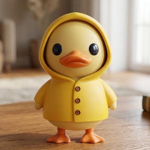 May include: A yellow duck figurine wearing a matching hooded jacket with three brown buttons. The duck has black eyes and an orange beak and feet. The figurine is standing on a wooden surface.