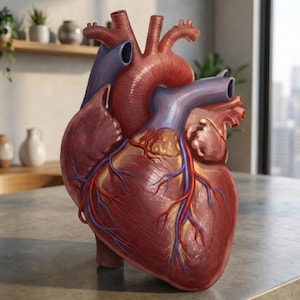 Könnte beinhalten: Detailliertes anatomisches Modell eines menschlichen Herzens, das die wichtigsten Gefäße und Kammern zeigt. Das Herz ist in Rot-, Lila- und Blautönen dargestellt, mit detaillierten Venen und Arterien. Das Modell steht auf einer grauen Oberfläche.