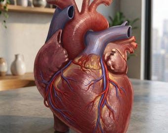May include: A detailed anatomical model of a human heart, showcasing the major vessels and chambers. The heart is rendered in shades of red, purple, and blue, with intricate details of the veins and arteries. The model is displayed on a gray surface.