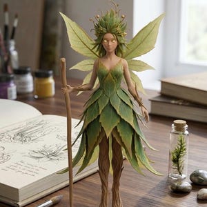 May include: A standing figurine of a forest creature with glowing yellow eyes, wearing a dress made of layered green leaves. The figure has large, translucent leaf-shaped wings, a crown of foliage, and holds a slender wooden staff. The legs resemble tree bark.