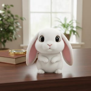 May include: A fluffy white bunny with large, dark eyes and long, pink-lined ears. The bunny is sitting on a dark brown wooden surface. The background includes a window and a plant.