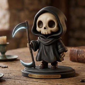 May include: A figurine of a cartoon Grim Reaper with a scythe. The figure has a skull face and wears a black hooded robe. The base reads "The Little Reaper - Collector's Edition". Candles and a book with "MORTIS LIBER" are in the background.