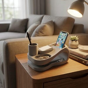 Puede incluir: Un organizador de mesita de noche gris con soporte para teléfono, portalápices y compartimentos para objetos pequeños. Un smartphone está en el soporte. Una pequeña planta suculenta está sobre libros. El organizador está sobre una mesita de noche de madera.