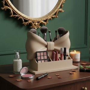 May include: A beige bow-shaped makeup organizer filled with brushes, lipsticks, and an eyeshadow palette. The organizer sits on a wooden surface with other makeup items, a candle, and a mirror in the background.