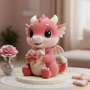 Könnte beinhalten: Eine rosa Drachenfigur mit weißen Hörnern und Flügeln, die eine herzförmige Schachtel mit einer Schleife hält. Der Drache sitzt auf einer runden, cremefarbenen Basis. Eine rosa Rose in einer Glasvase und herzförmige Kekse sind ebenfalls zu sehen.