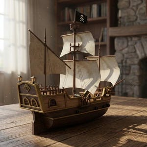 May include: A detailed wooden model of a pirate ship with tan sails and a black Jolly Roger flag. The ship has multiple masts and is set on a wooden surface. The ship's hull is dark brown, and the deck is light brown.
