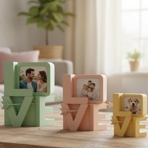 Puede incluir: Tres marcos de fotos decorativos en colores pastel que deletrean "LOVE". Cada marco contiene una fotografía y presenta una flecha que atraviesa la "V". Los marcos son en tonos verdes, rosas y amarillos.