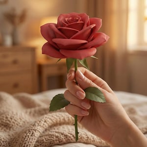 Puede incluir: Una rosa roja con tallo y hojas verdes. La rosa se sostiene en una mano. La rosa está en plena floración. El fondo está borroso, con una cama y una cómoda visibles. La rosa es de un tono rojo intenso.