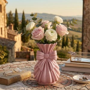 May include: A pink ceramic vase with a bow design, filled with pink and white roses and greenery. The vase sits on a mosaic table with a book and glasses nearby, with a scenic background of a European village.