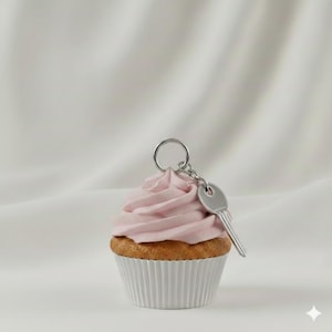 Może przedstawiać: Babeczka z różowym lukrem i dołączonym srebrnym kluczem. Babeczka ma białą papierową formę i złoto-brązową podstawę ciasta. Klucz sugeruje tematykę nieruchomości lub domu.