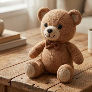 Può includere: Un orsacchiotto di peluche lavorato a maglia nei toni del marrone, con muso, zampe e interno orecchie color beige chiaro. L'orso ha un piccolo papillon marrone e occhi neri, seduto su un tavolo di legno rustico. Un giocattolo classico.