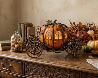 May include: An orange pumpkin carriage with decorative metalwork, lit windows, and a green stem sits on a wooden surface. The carriage is surrounded by pumpkins, candles, and fall foliage, creating a festive autumn display.