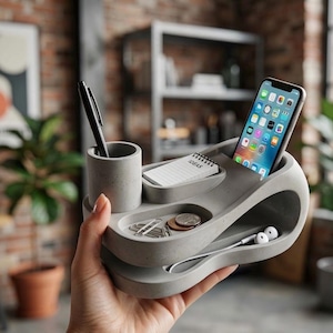 Puede incluir: Un organizador de escritorio de hormigón gris con un portalápices cilíndrico, una ranura rectangular para un pequeño bloc de notas con la etiqueta IDEAS, un soporte para smartphone, una bandeja para clips y monedas, y un estante inferior con auriculares.