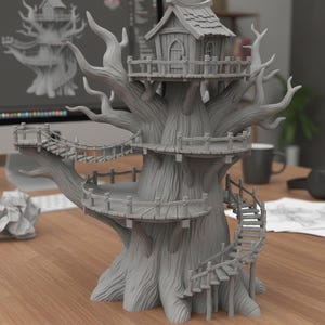 Puede incluir: Modelo gris de una casa en el árbol en miniatura con múltiples plataformas, un puente y una escalera de caracol. La casa en el árbol presenta una pequeña casa en la parte superior con un tejado inclinado y una textura de madera detallada.