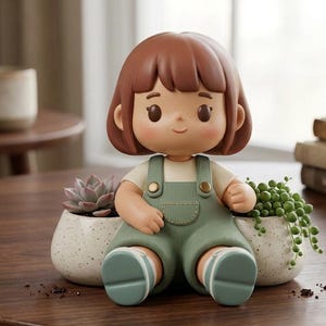 May include: A charming figurine of a girl with brown hair and rosy cheeks, wearing a white shirt and green overalls. She sits between two small potted plants on a wooden table. The figurine is a decorative item.