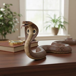 Pode incluir: Uma escultura detalhada de uma cobra com o capelo levantado e a boca aberta, revelando uma língua bifurcada. A cobra é castanha e bege, com um padrão texturizado. Uma lupa e um livro estão no fundo.