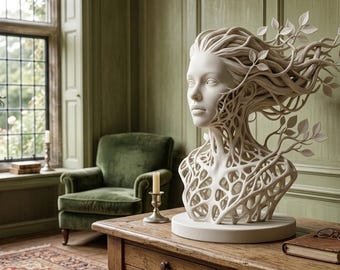 May include: A white sculpture of a woman's bust with intricate, branch-like details forming her neck and hair, adorned with leaves. The sculpture sits on a wooden table in a room with a green armchair and a window.